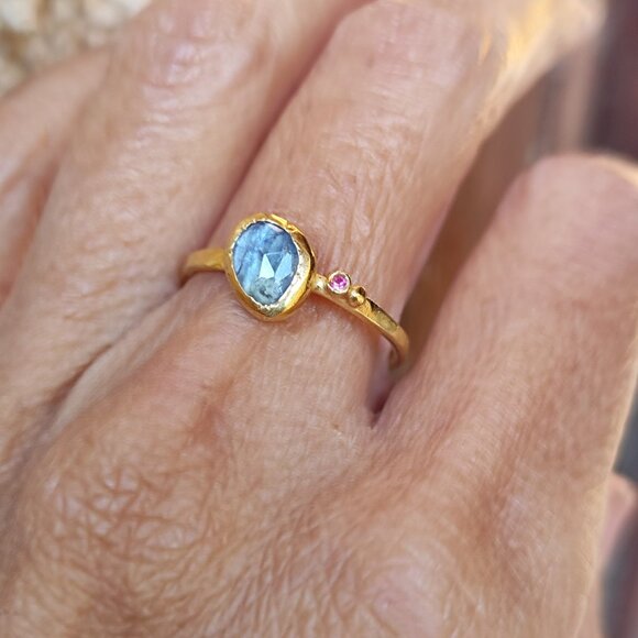 Moissanite ring. 14K yellow gold ring with Blue Moissanite & small Ruby. UNIQUE - Picture 12 of 14